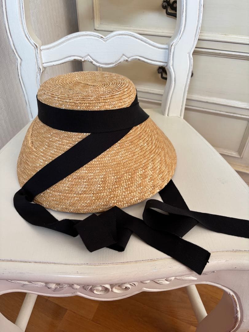 KIKONO ベージュ 麦わら帽子 黒リボン