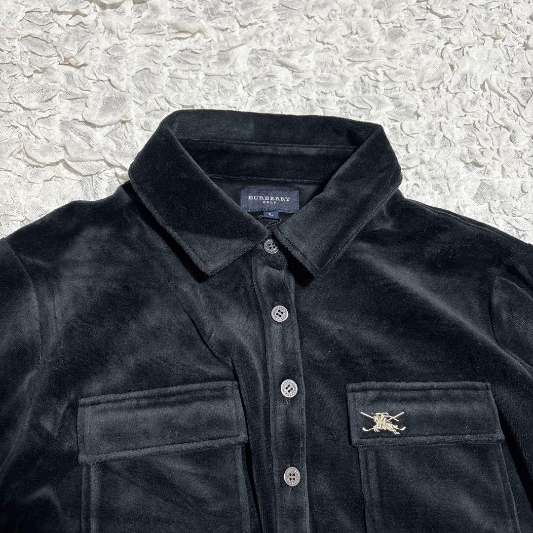 新品　バーバリー　ベロア 長袖ポロシャツ　ロゴ刺繍　ノバチェック　洗える　黒　L