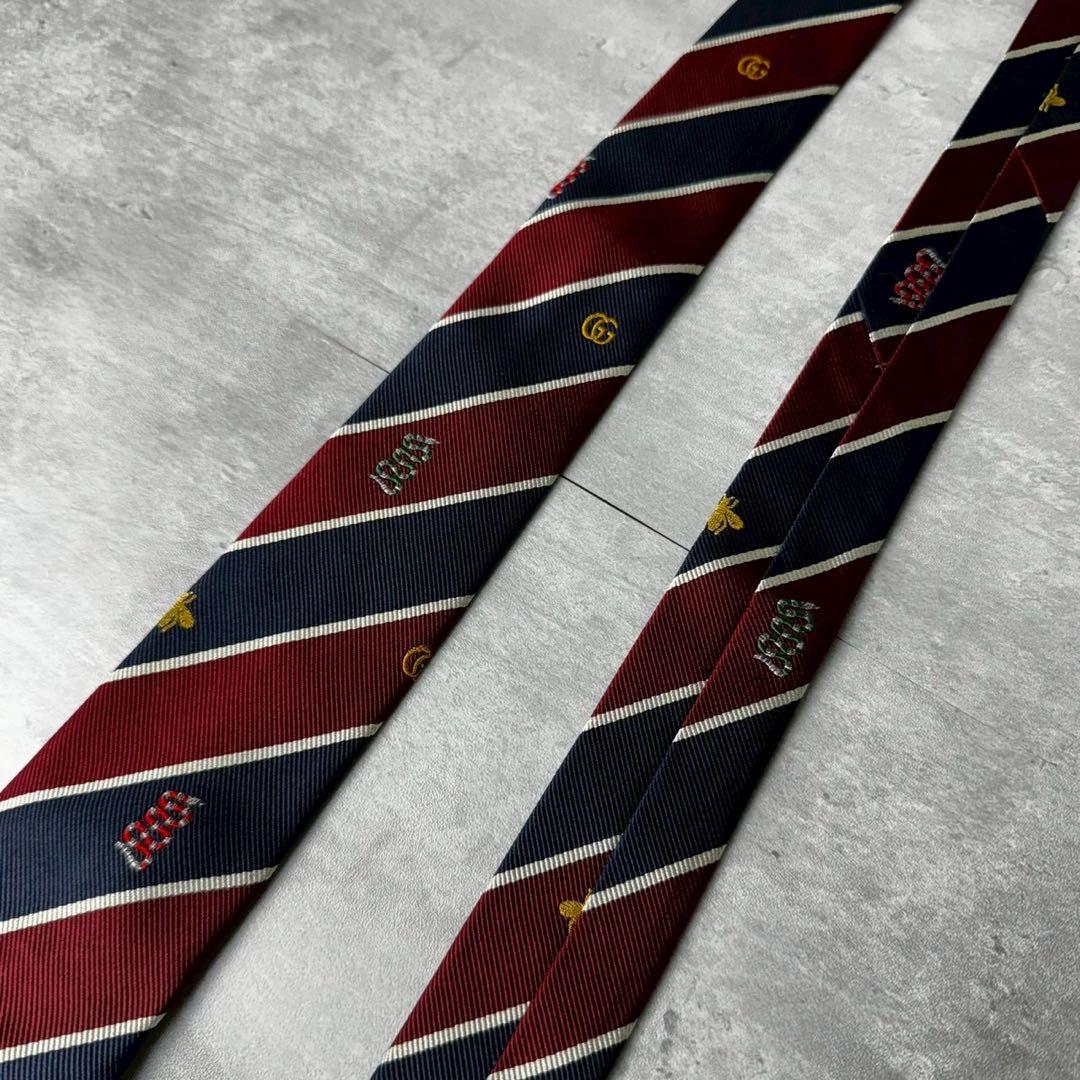 美品 GUCCI ジャガード マーモント BEE 蛇 ストライプ ネクタイ 紺赤