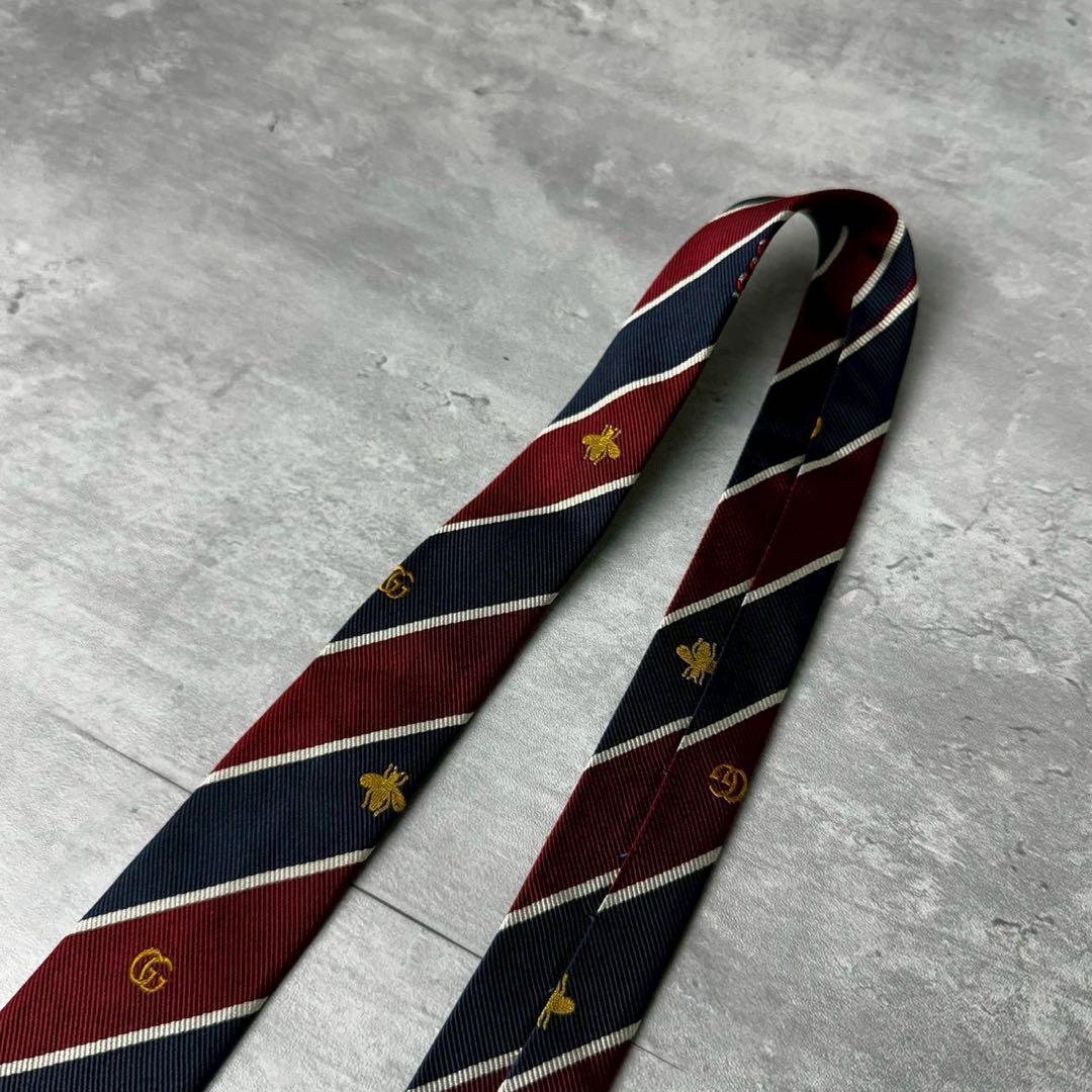 美品 GUCCI ジャガード マーモント BEE 蛇 ストライプ ネクタイ 紺赤