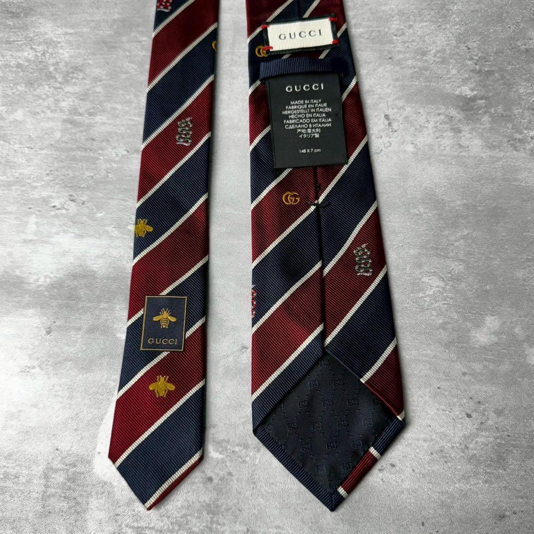 美品 GUCCI ジャガード マーモント BEE 蛇 ストライプ ネクタイ 紺赤