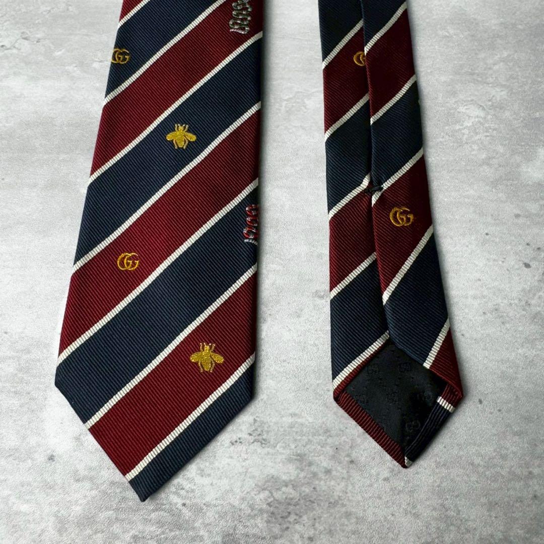美品 GUCCI ジャガード マーモント BEE 蛇 ストライプ ネクタイ 紺赤