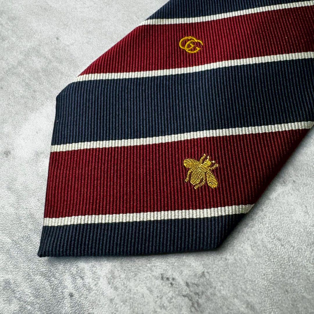 美品 GUCCI ジャガード マーモント BEE 蛇 ストライプ ネクタイ 紺赤