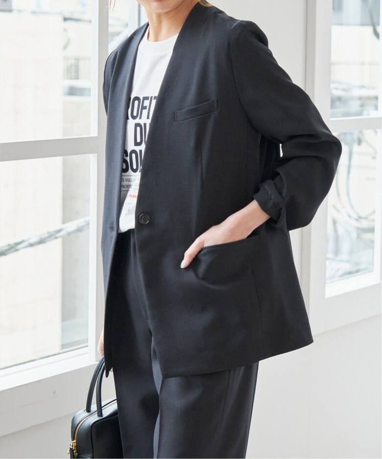 スピックアンドスパン ドライダブルクロスVカラージャケット 36 ノーカラー 紺