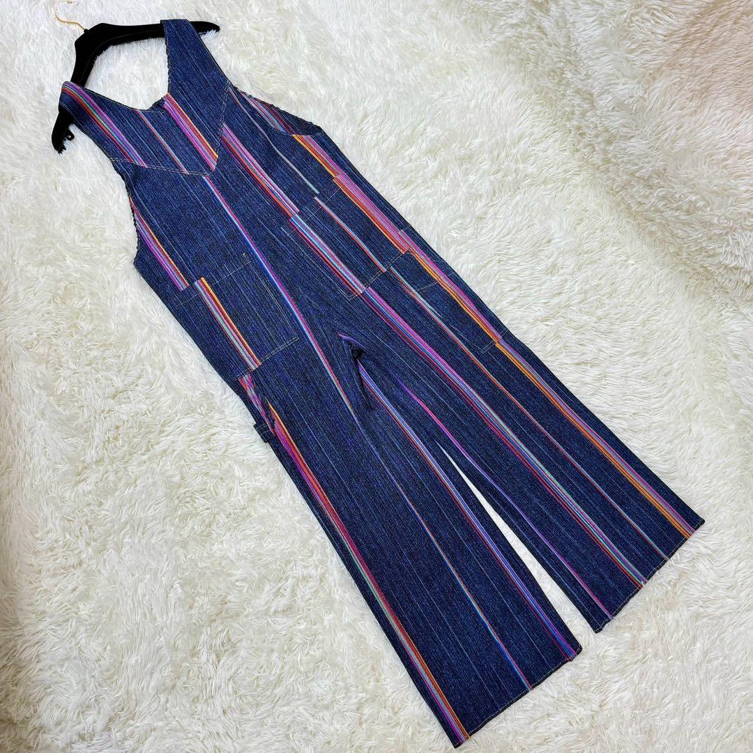 極美品 プリーツプリーズ オーバーオール デニム転写 ストライプ サロペット