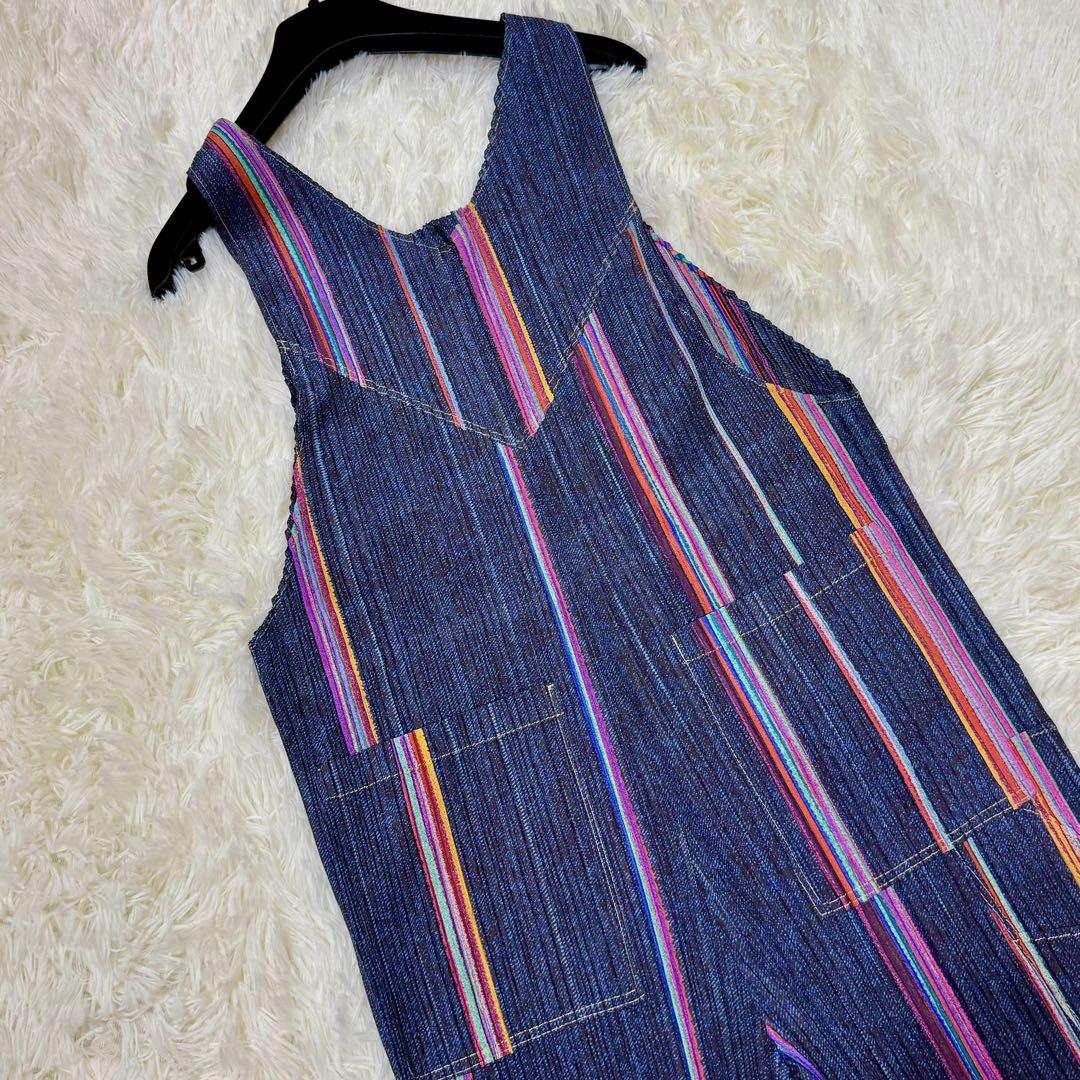 極美品 プリーツプリーズ オーバーオール デニム転写 ストライプ サロペット