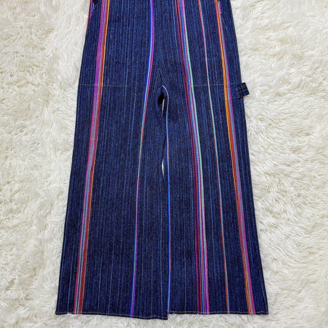極美品 プリーツプリーズ オーバーオール デニム転写 ストライプ サロペット