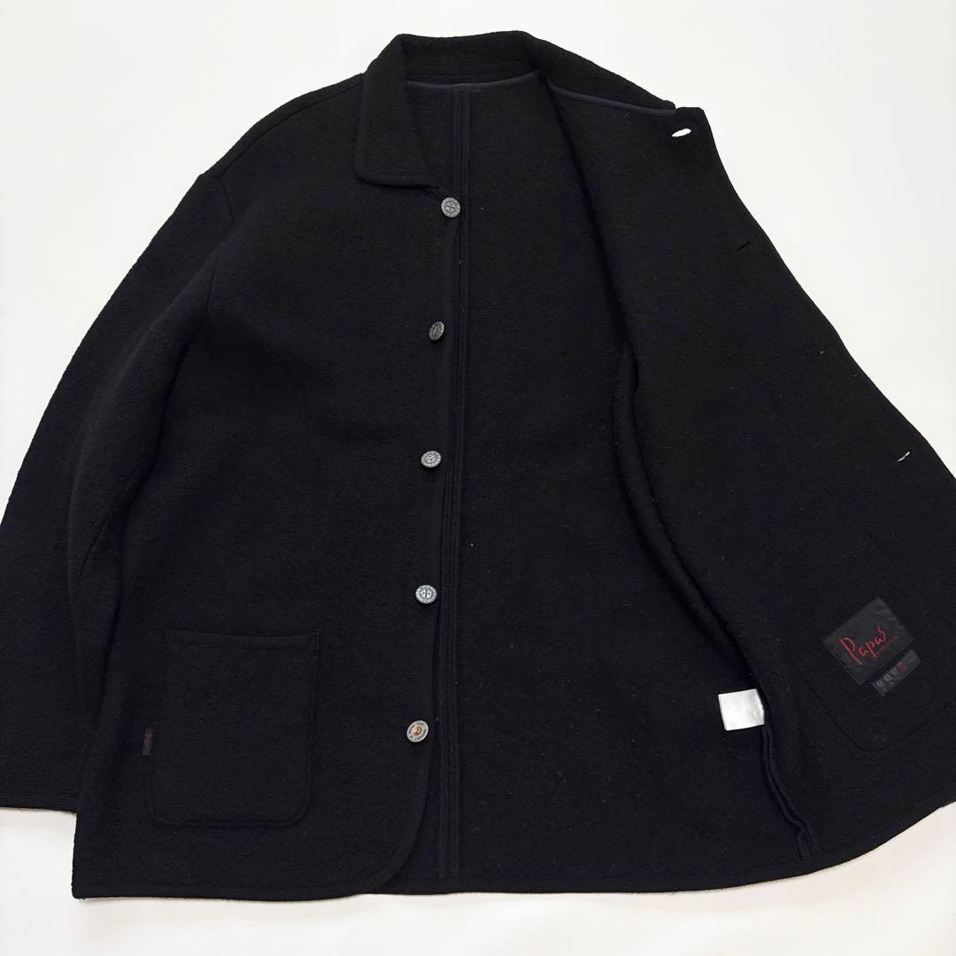 【4XL相当】Papas コートジャケット 銀ボタン ウール 縮絨 ブラック