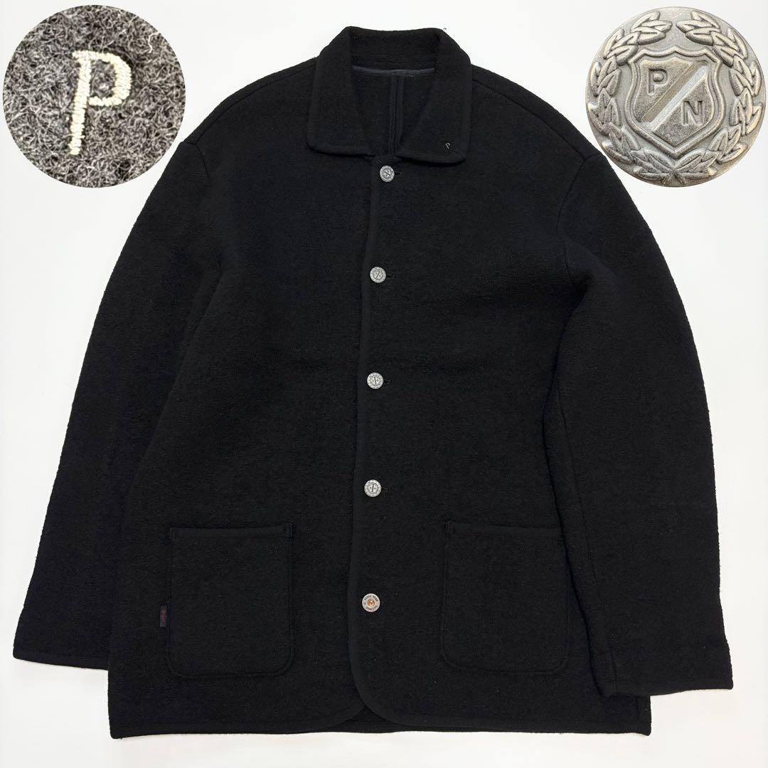 【4XL相当】Papas コートジャケット 銀ボタン ウール 縮絨 ブラック