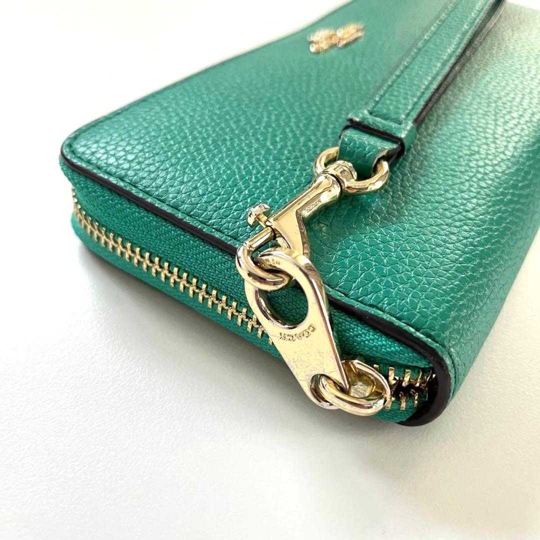 COACH コーチ レザー ラウンド 長財布 ストラップつき グリーン