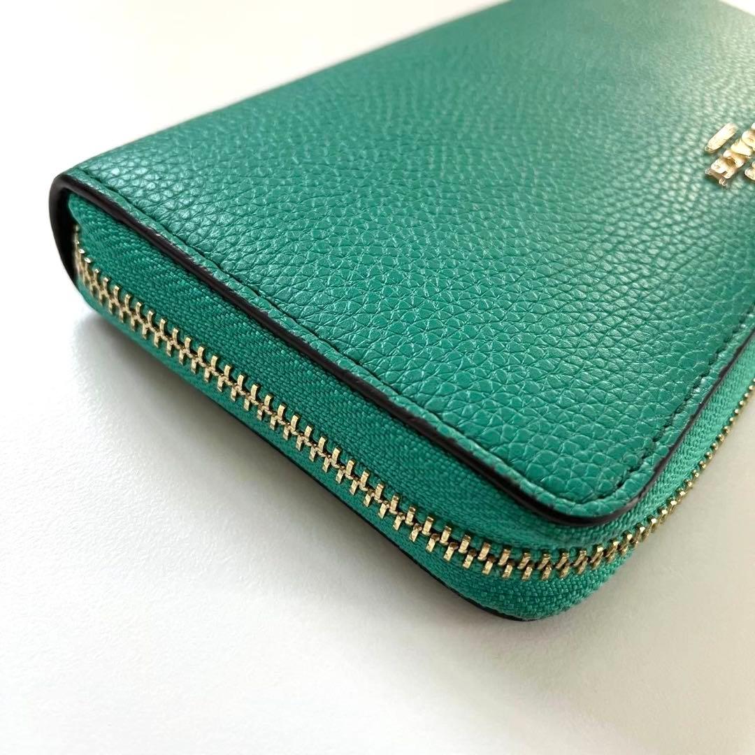 COACH コーチ レザー ラウンド 長財布 ストラップつき グリーン