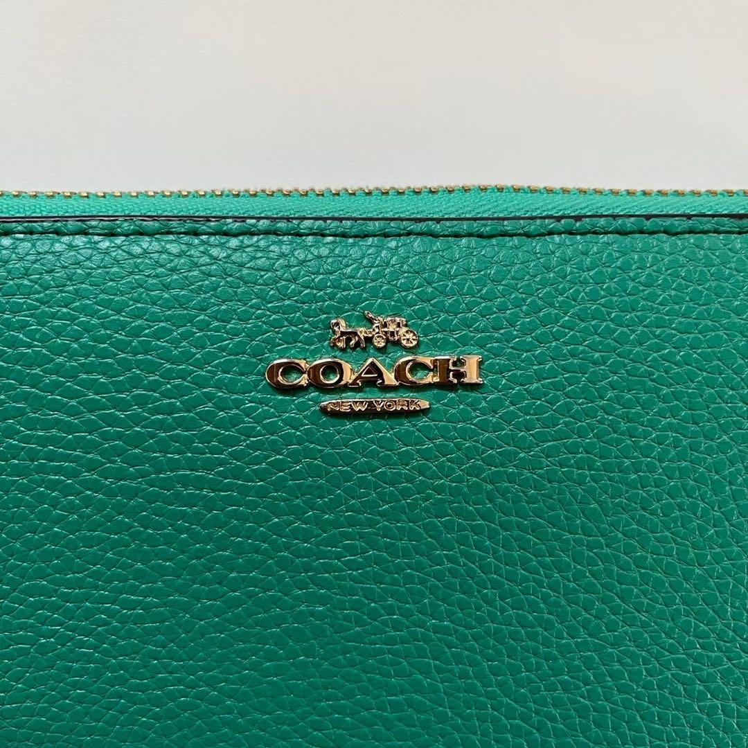 COACH コーチ レザー ラウンド 長財布 ストラップつき グリーン
