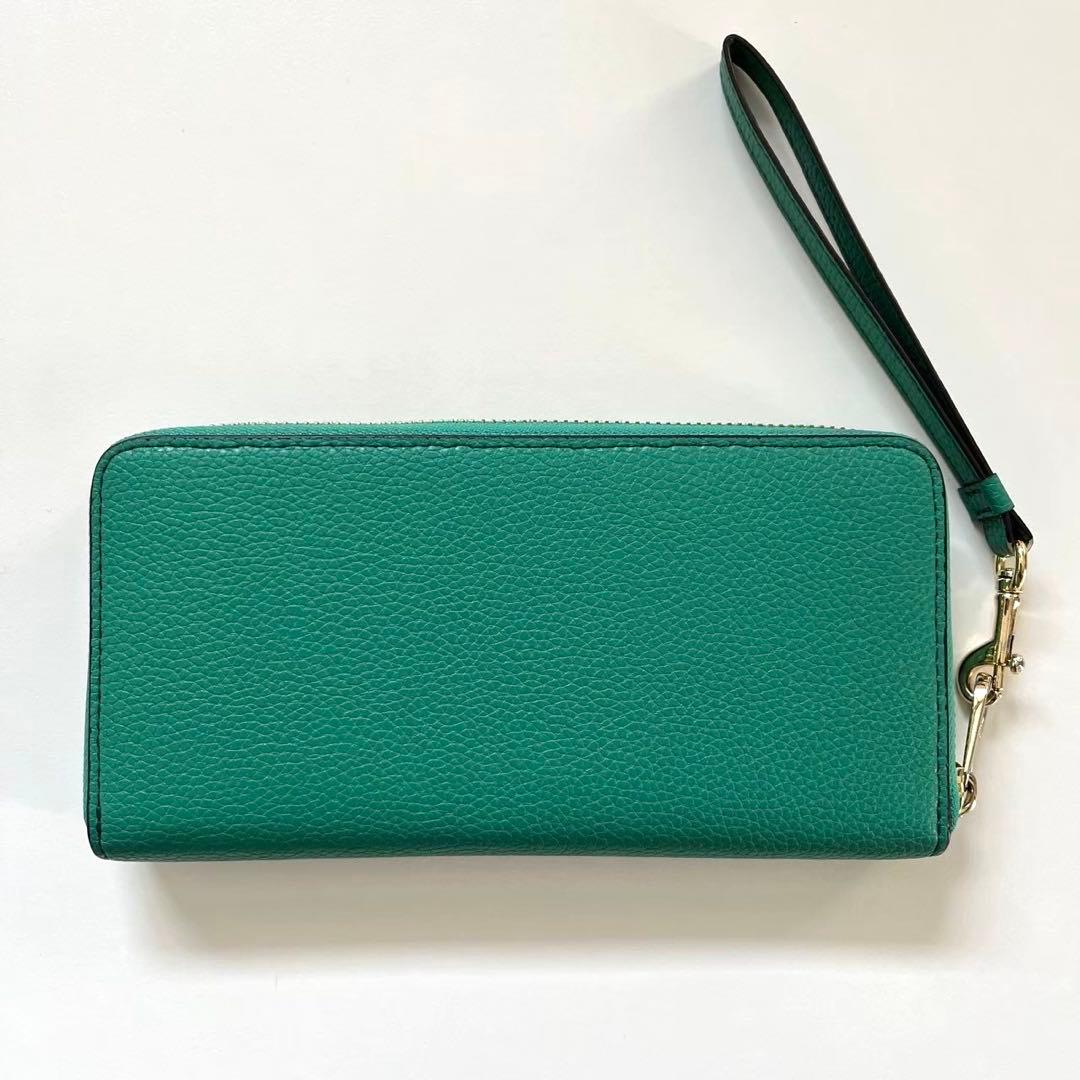 COACH コーチ レザー ラウンド 長財布 ストラップつき グリーン