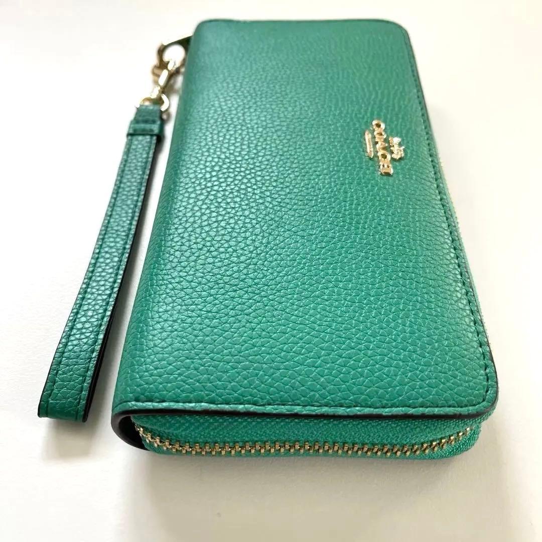 COACH コーチ レザー ラウンド 長財布 ストラップつき グリーン