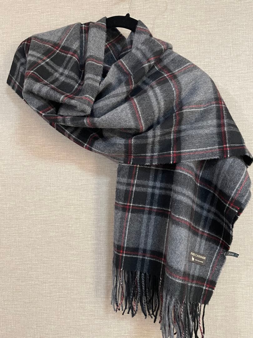 23区ピュアカシミヤ チェック柄ストールグレー系