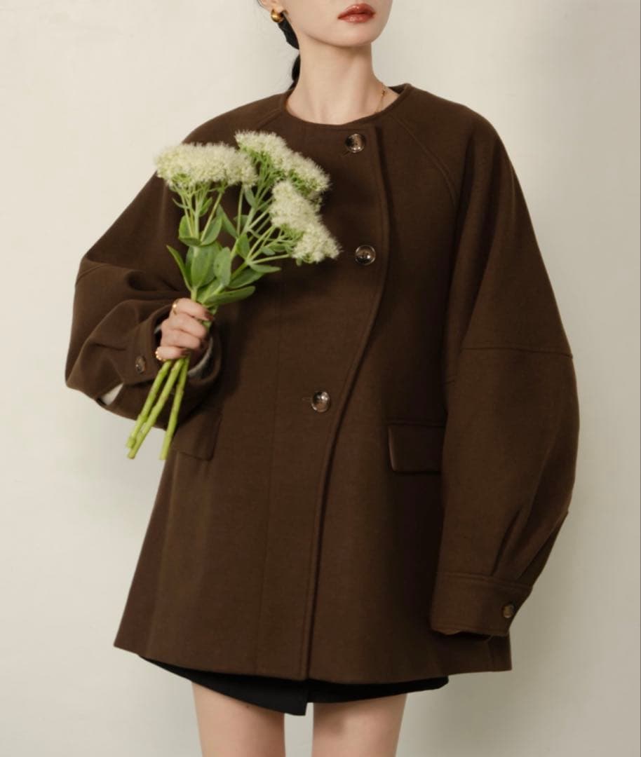 hinari ウェーブデザインミドルコート ブラウン S