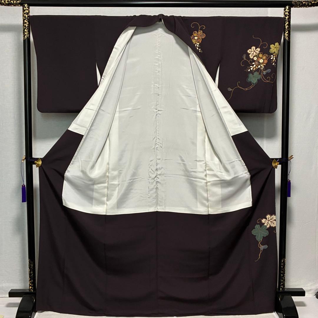 D85 訪問着 蔦の葉 菊 金駒刺繍 縫い紋 正絹 着物 袷 極美品