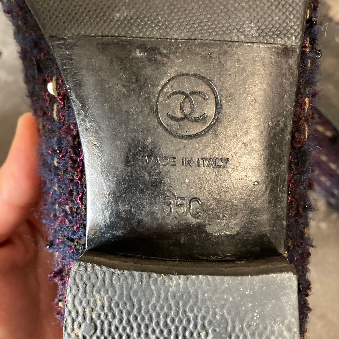 CHANELツイード リボン バレエシューズ35