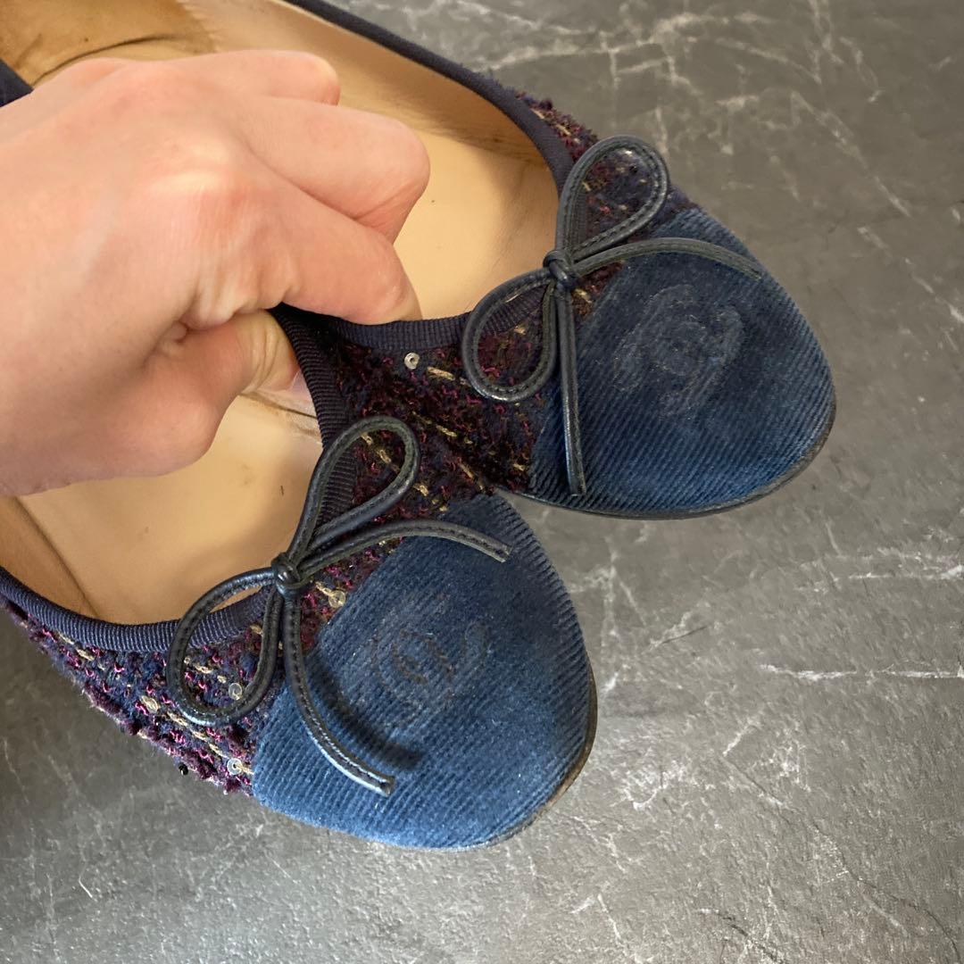 CHANELツイード リボン バレエシューズ35