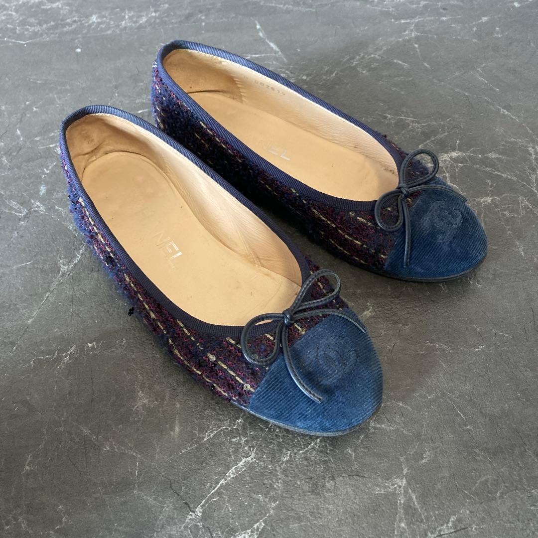 CHANELツイード リボン バレエシューズ35