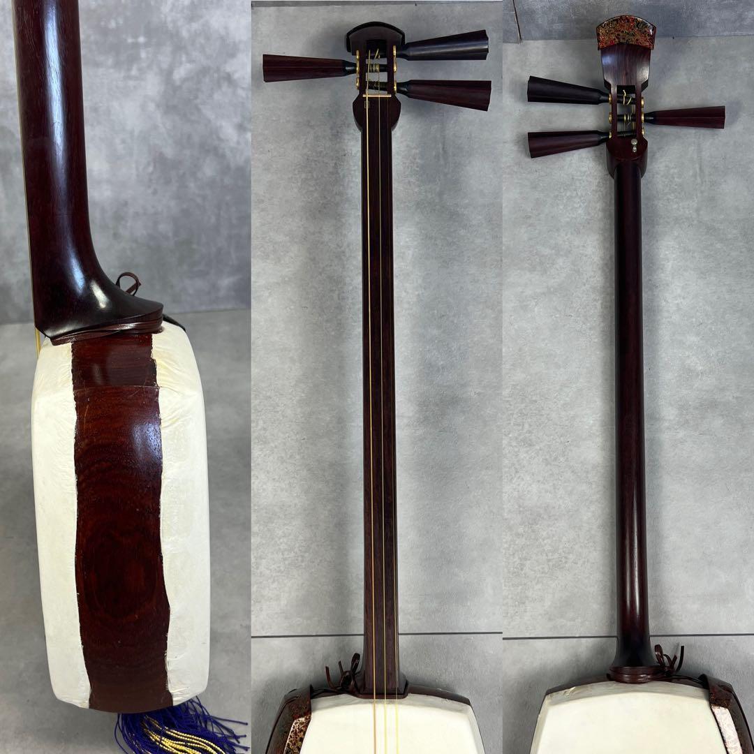 メンテナンス済み　津軽三味線　紅木　糸巻　ニ本溝　正寸　津軽塗胴掛け　べっ甲バチ