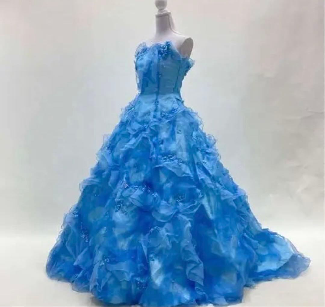 カラードレス水色ブルー　レースアップ9号　Aライン　used