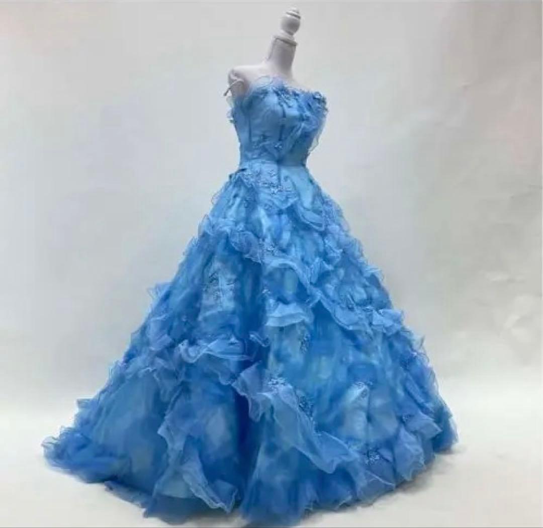 カラードレス水色ブルー　レースアップ9号　Aライン　used