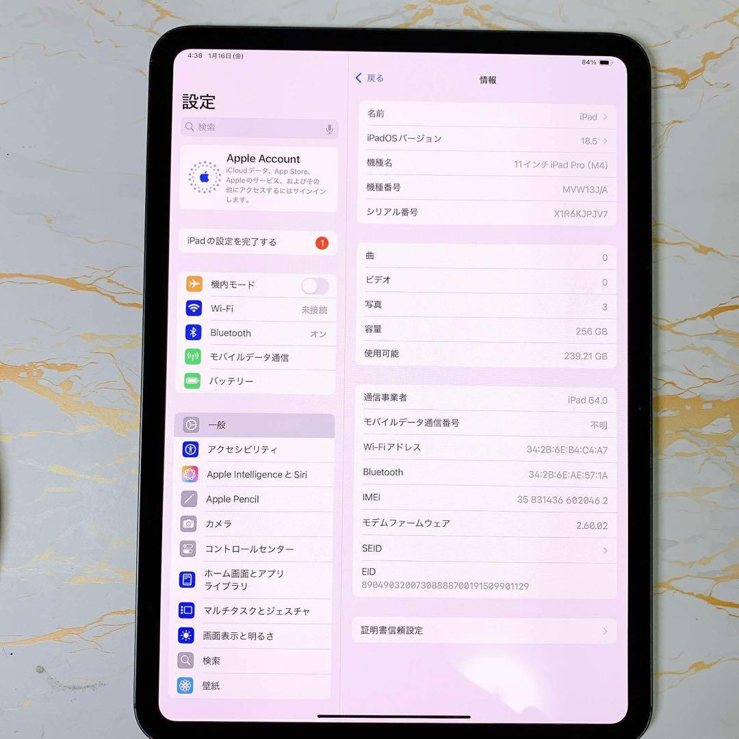 新品同様iPad Pro 11インチ M4 セルラー 256GB BT100%