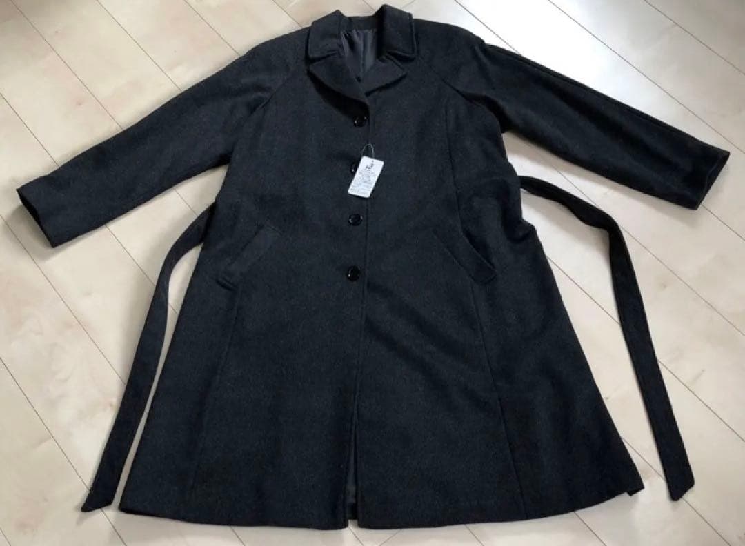 ☆未使用☆ ウエストベルト ロングコート カシミヤ混 大きめサイズ 3L グレー