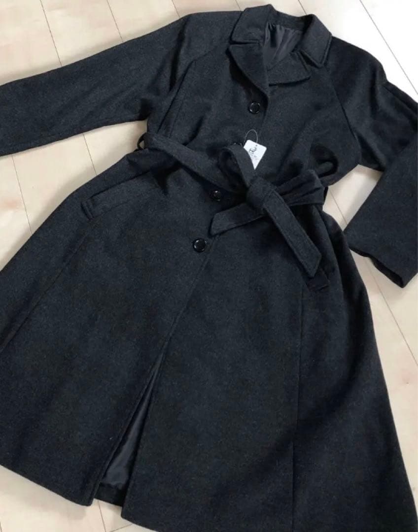 ☆未使用☆ ウエストベルト ロングコート カシミヤ混 大きめサイズ 3L グレー