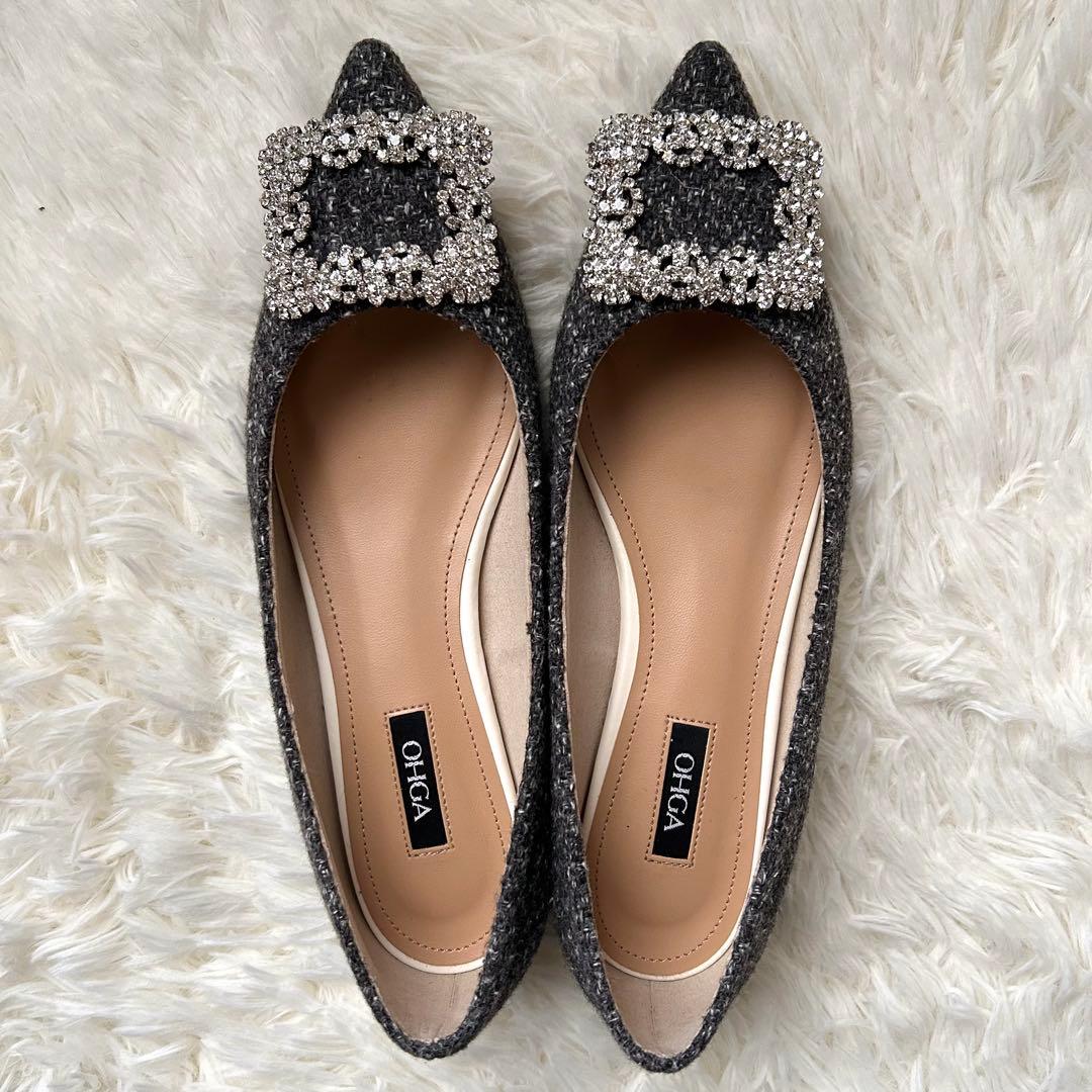 美品　OHGA ビジューパンプス　ツイード調　グレー　23cm ポインテッド