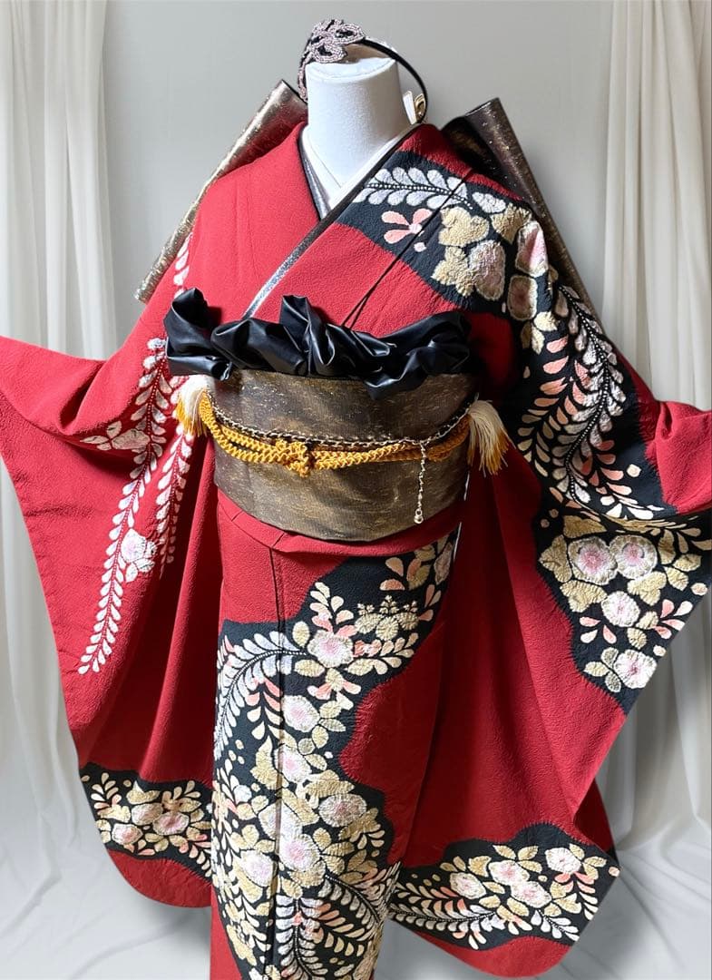 翠山工房 振袖 フルセット 成人式 辻が花 赤黒 落款あり安心セット
