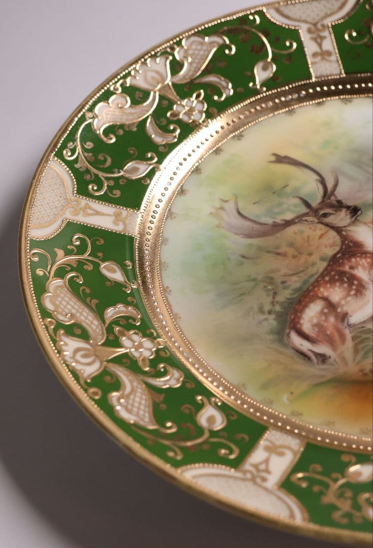 【CM298】オールドノリタケ 鹿 皿 プレート 金彩 盛上 緑 グリーン 明治