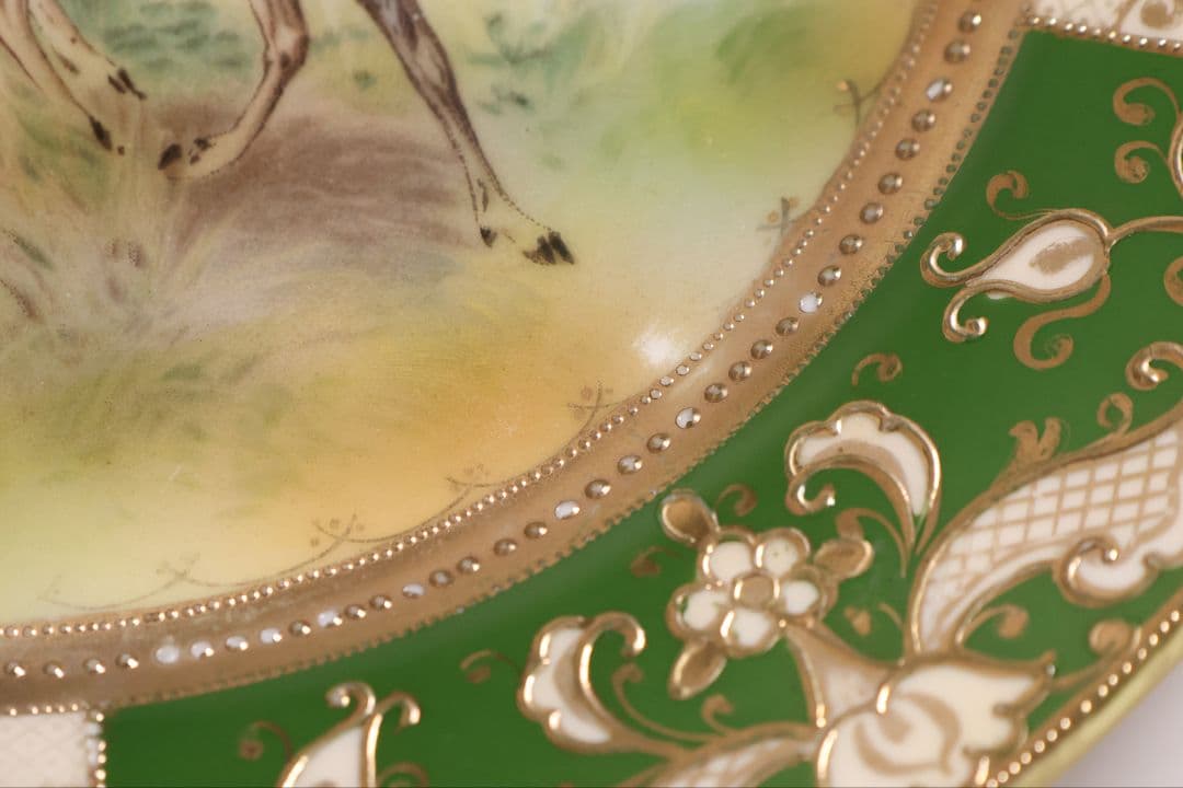 【CM298】オールドノリタケ 鹿 皿 プレート 金彩 盛上 緑 グリーン 明治