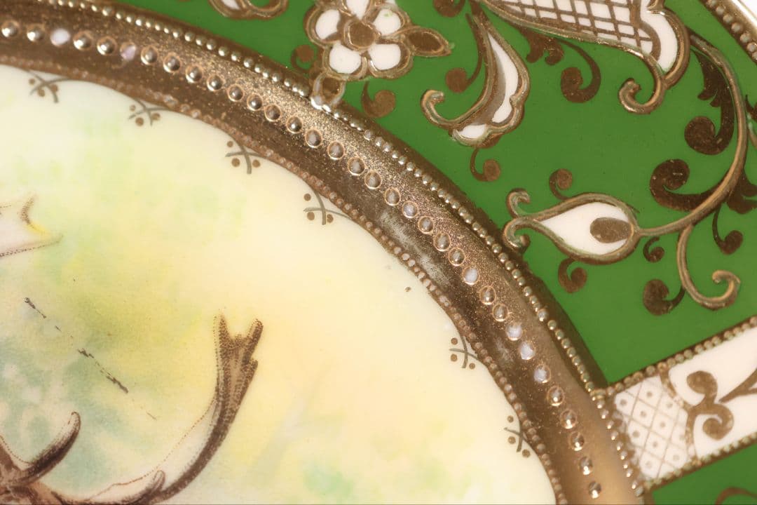 【CM298】オールドノリタケ 鹿 皿 プレート 金彩 盛上 緑 グリーン 明治