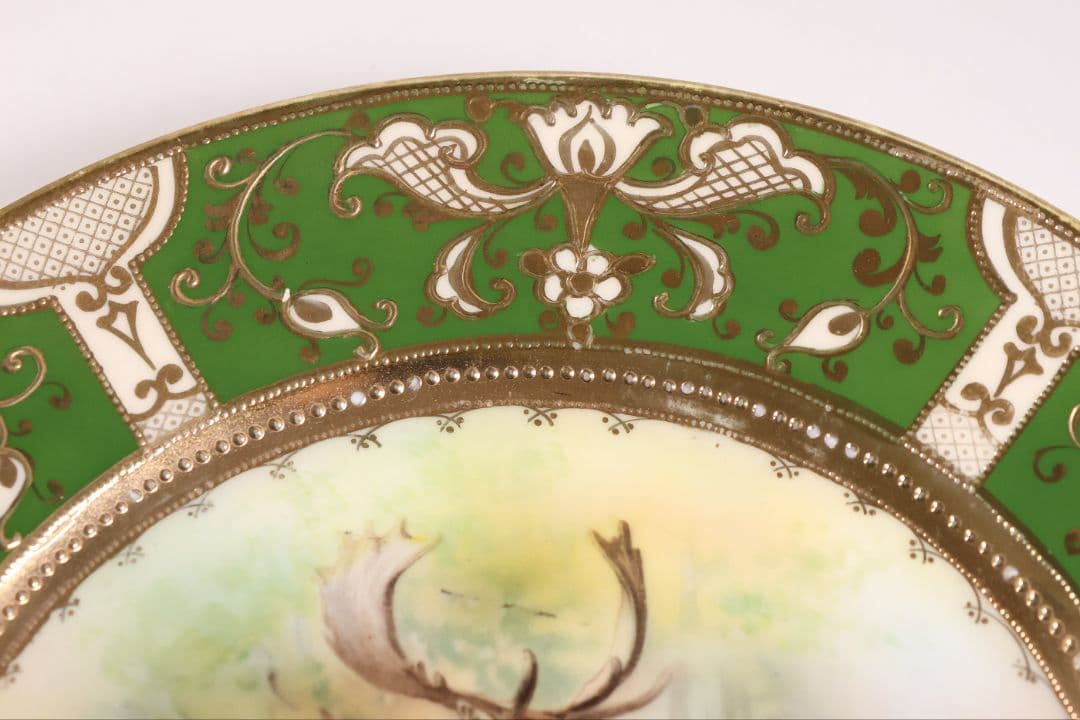 【CM298】オールドノリタケ 鹿 皿 プレート 金彩 盛上 緑 グリーン 明治