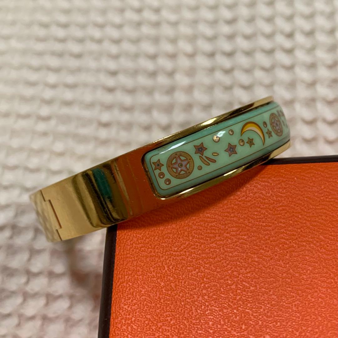 限界価格　【極美品】　HERMES エマイユ　バングル　七宝焼　グリーン　月　星