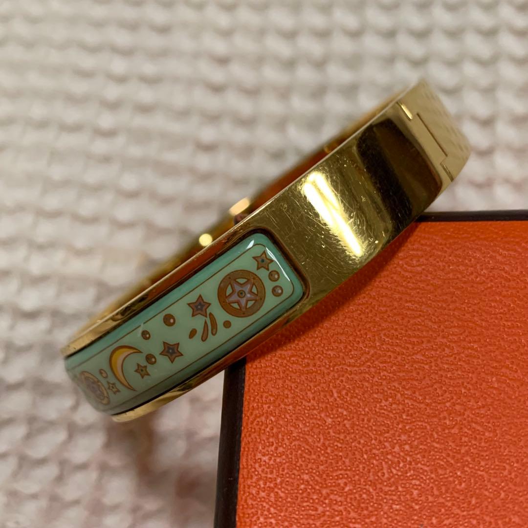 限界価格　【極美品】　HERMES エマイユ　バングル　七宝焼　グリーン　月　星