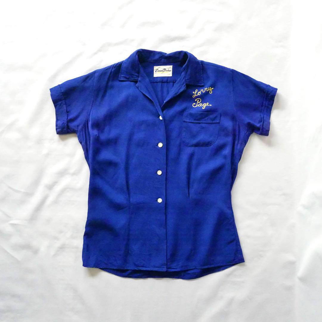 60s vintage ブルー　チェーンステッチ　レーヨン　ボーリングシャツ