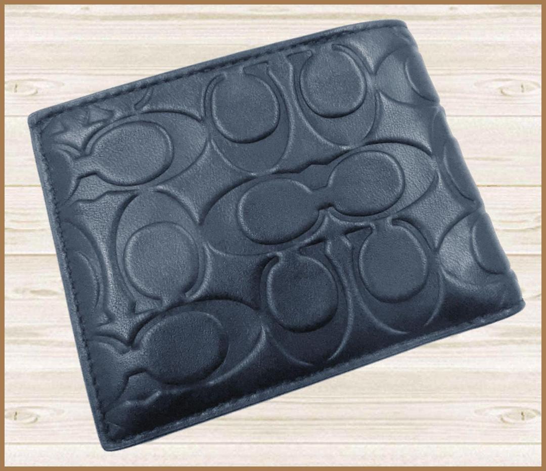 【新品】コーチCOACH二つ折り財布ウォレットシグネチャーレザー紺ネービー