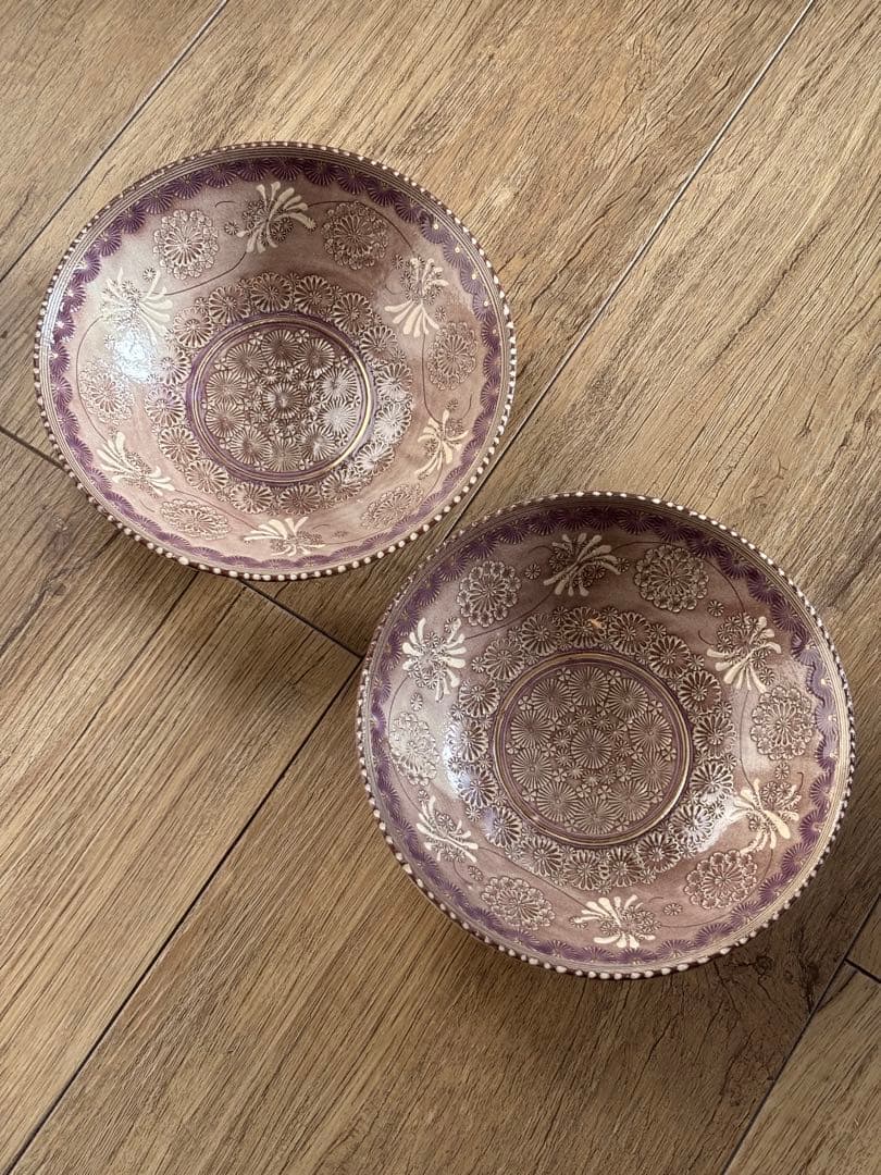 京焼 清水焼 森里陶楽 紫彩華紋 鉢2組 三島手 象嵌 刷毛目 櫛目 作家さん