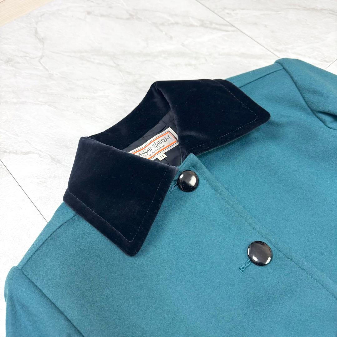 イヴサンローラン ウール ベロア マキシ丈 ロングコート ターコイズブルー M