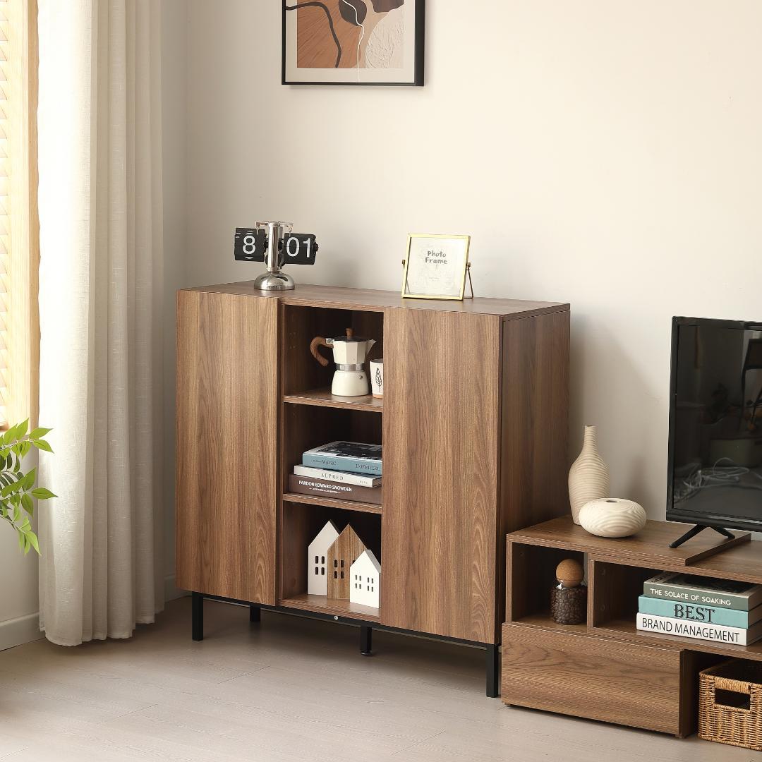超人気！キャビネット 扉付き サイドボード 収納棚 Brown