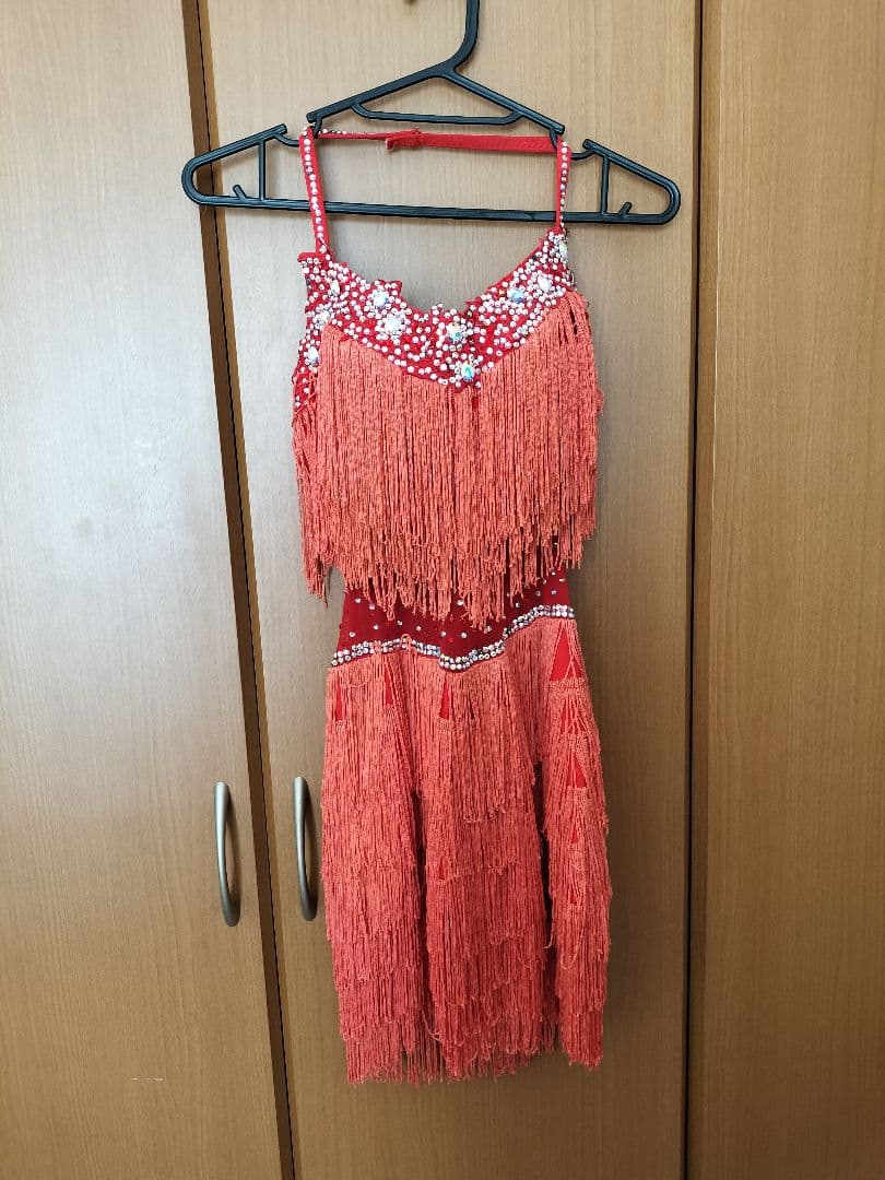 オレンジ色〜赤色 フリンジ社交ダンスドレス　ジュニアにも！