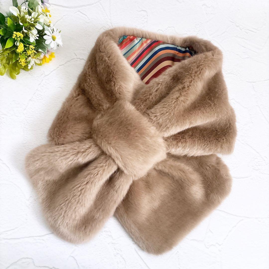 美品 Paul Smith フェイクファー マフラー マルチストライプ ベージュ