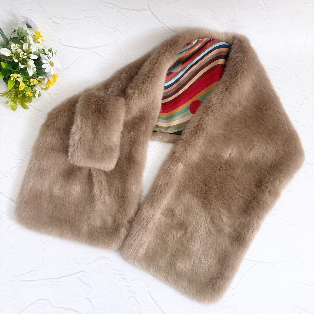 美品 Paul Smith フェイクファー マフラー マルチストライプ ベージュ