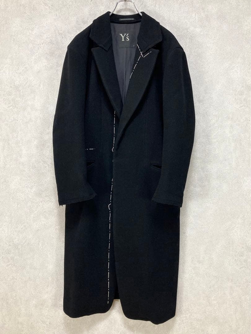 鴨Y's 18AW メルトンウール ステッチ チェスターコート 黒1