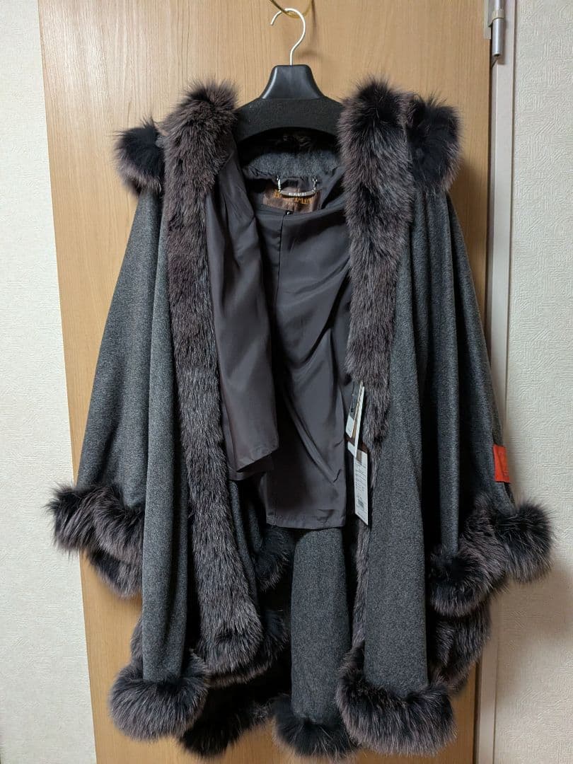 BALMAIN ピュアカシミヤ ファーコート グレー Fポンチョ風