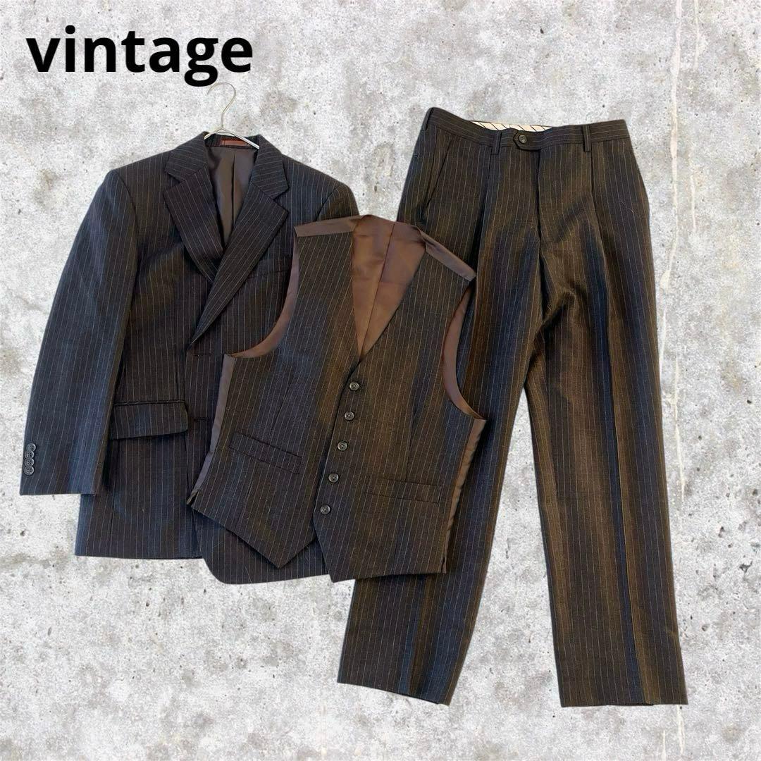 美品vintage 3ピース セットアップ ストライプ ウール 成人式 茶系 S