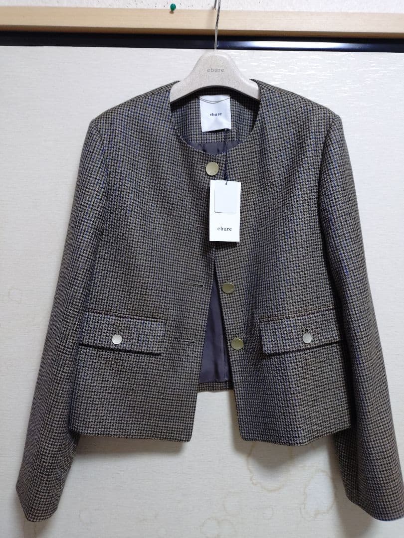 エブールebure　新品　ハウンドトゥースノーカラーツィード ジャケット
